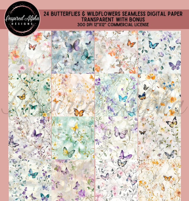 May include: 24 digital paper designs featuring watercolor butterflies and wildflowers in shades of blue, purple, pink, yellow, and green. The designs are seamless and perfect for crafting projects.
