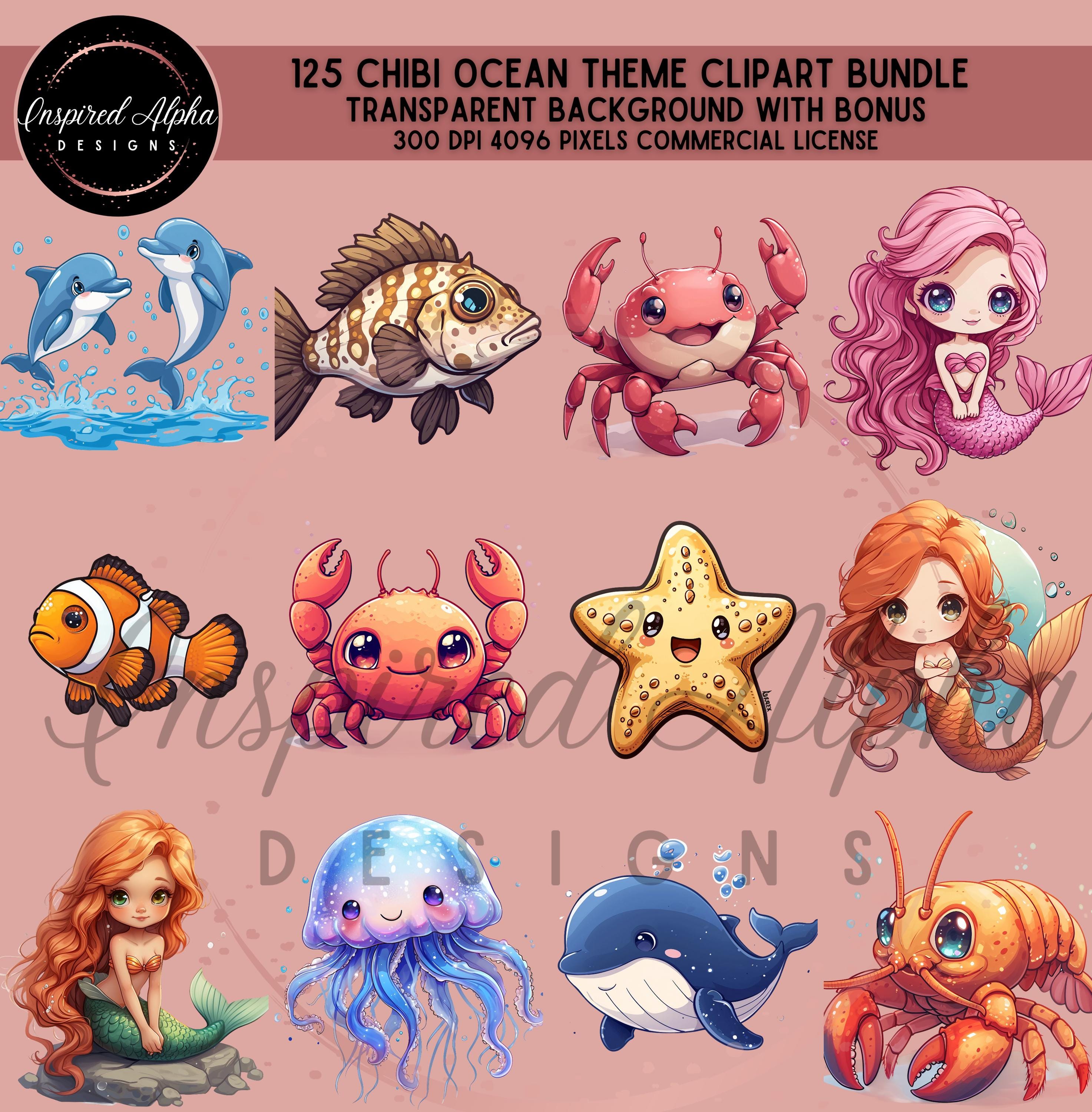 125 Chibi Ocean Clipart Bundle: Sea Creatures & Mermaids (commercial ...