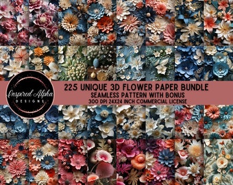 3D Floral Digital Paper: Seamless Flower Designs (24x24" PNG, Commercial Use)