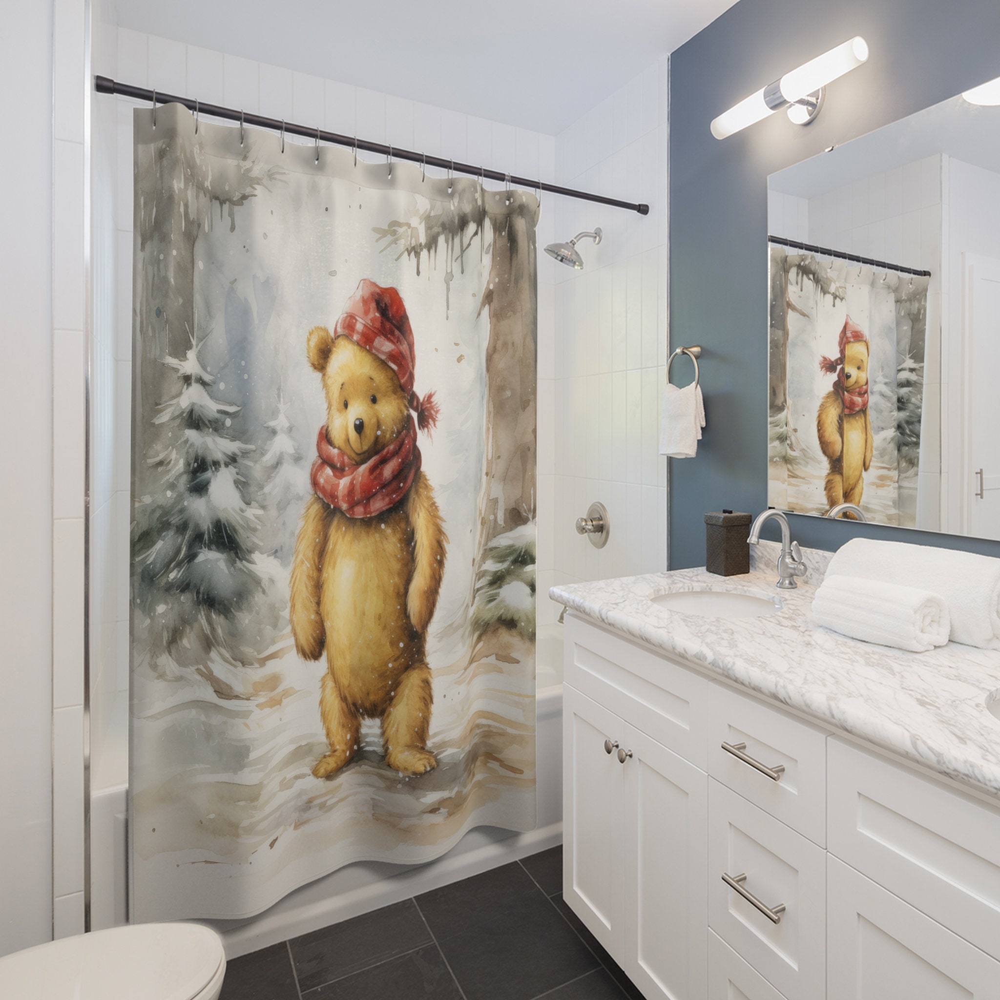 Classic Christmas Winnie the Pooh Watercolor Shower Curtain 