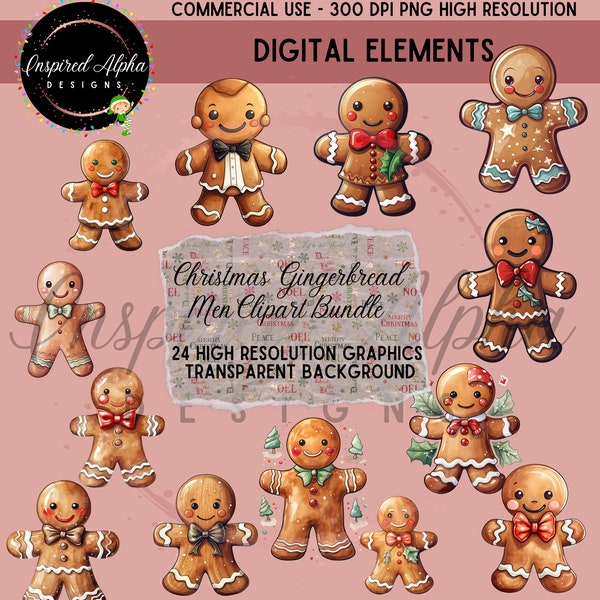 Watercolor Christmas Gingerbread Men Bundle: 24 Unique Designs, Commercial Use , Instant Download