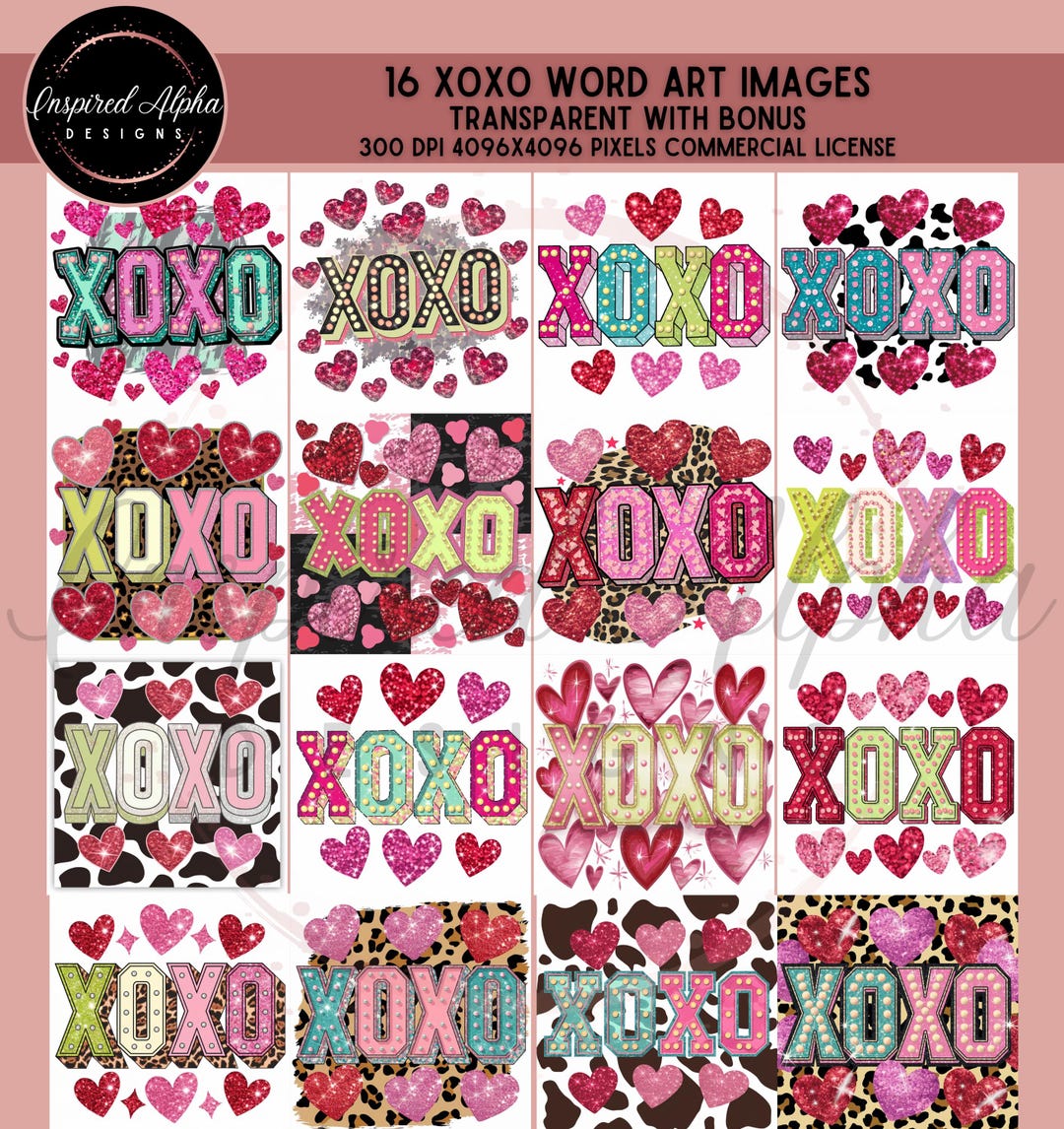 Valentine's Day XOXO PNG Sublimation Bundle: Glitter Hearts (commercial ...