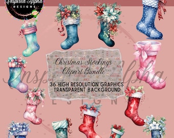 Könnte beinhalten: Ein digitales Clipart-Paket mit 36 hochauflösenden Weihnachtsstrümpfen mit transparenten Hintergründen. Die Strümpfe sind mit verschiedenen Designs verziert, darunter Blumen, Schleifen und Punkte. Der Text "Christmas Stockings Clipart Bundle" ist in der Mitte des Bildes sichtbar.