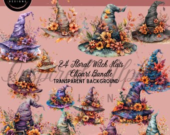 Watercolor Floral Witch Hat Clipart: Halloween Designs (Digital Download)