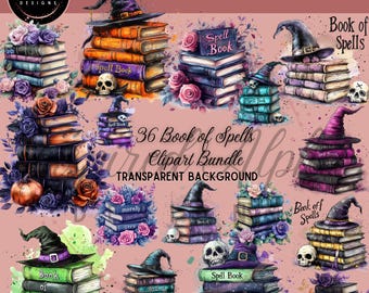Aquarell Halloween Zauberbuch Clipart Bundle: 36 PNG Designs (kommerzielle Nutzung)