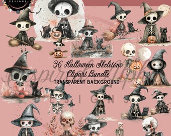 Watercolor Halloween Skeleton Clipart Bundle: 36 PNG Designs (Commercial Use)