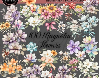 Aquarell Magnolie Floral Clipart: 100 Blumen PNG Arrangements (Kommerzielle Nutzung)