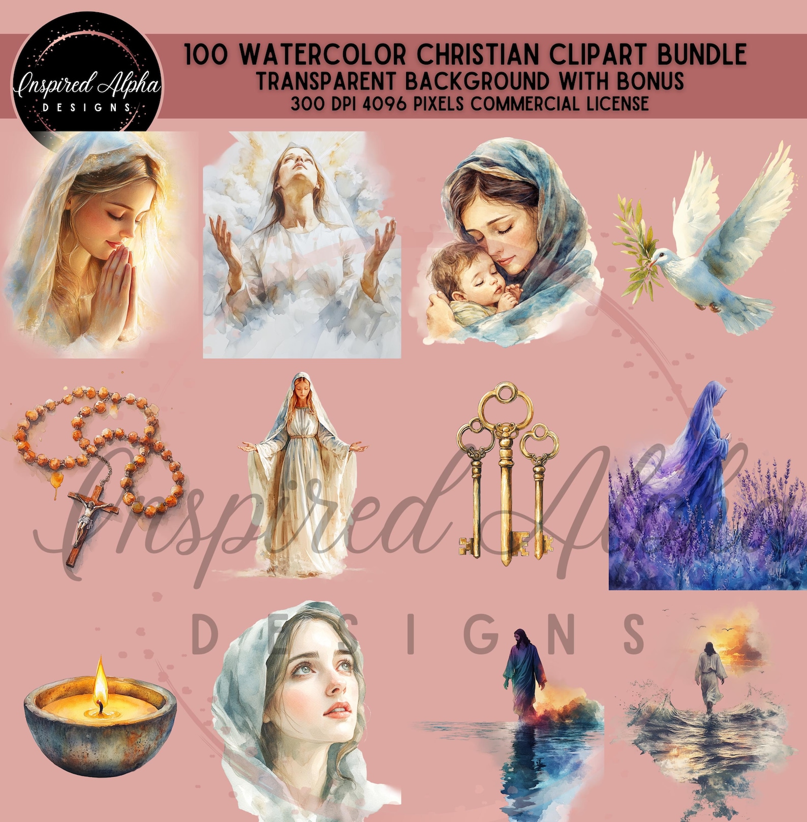 Watercolor Christian Clipart Bundle: Religious PNG Graphics (digital ...
