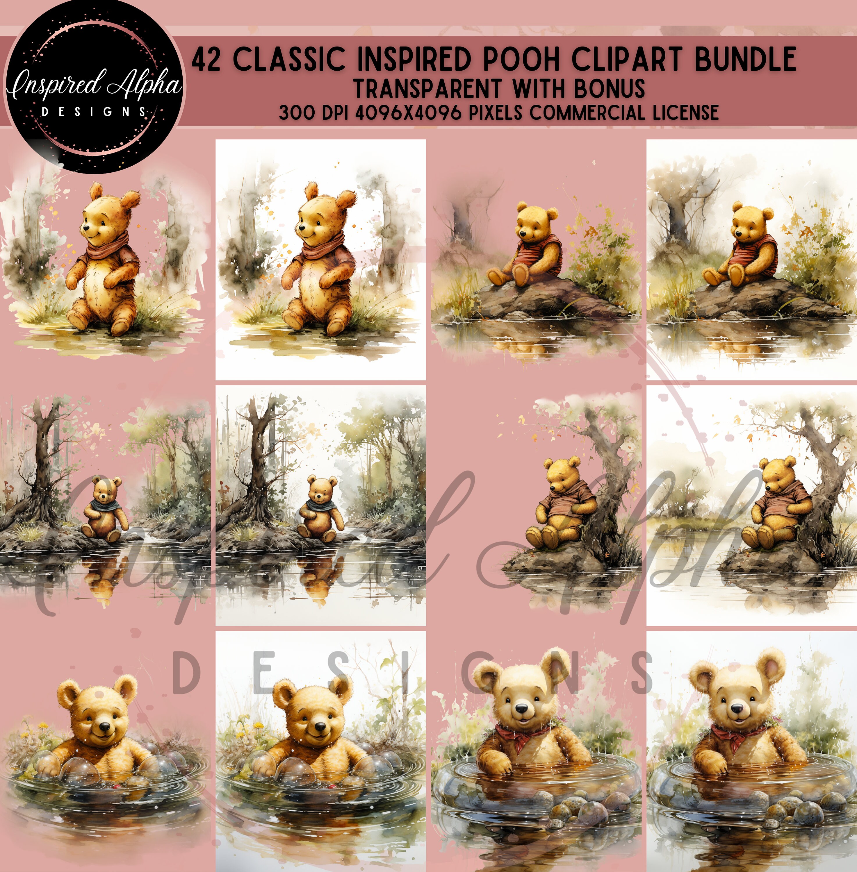 Modern Pooh Graphics Winnie the Pooh Clipart Bundle: 42 Watercolor Graphics (digital ...