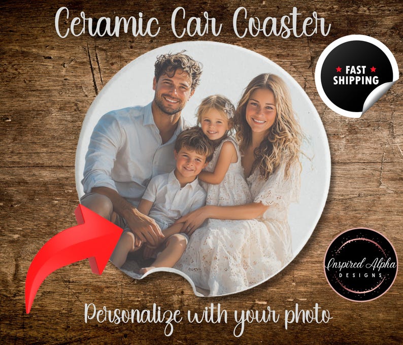 May include: Ceramic car coaster with a photo of a family of four on a beach. The coaster is round and white with a beveled edge. The photo shows a man, a woman, and two children. The man is wearing a blue shirt and the woman is wearing a white dress. The children are wearing casual clothing. The coaster is personalized with the family's photo.