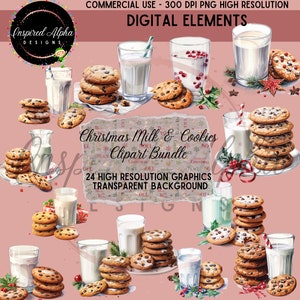 Watercolor Christmas Milk & Cookies Clipart: 24 PNG Designs (Commercial Use)