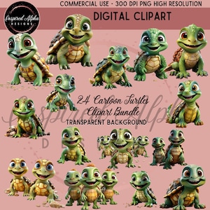 24 Cute Cartoon Turtles Clipart Bundle PNG - Transparent Background, High-Resolution, Commercial Use, Bonus Bundle
