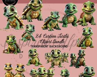 Op de afbeelding: Een digitale clipartbundel met 24 cartoon-schildpadden met verschillende uitdrukkingen en poses. De schildpadden zijn groen en bruin met gele accenten. De achtergrond is transparant.