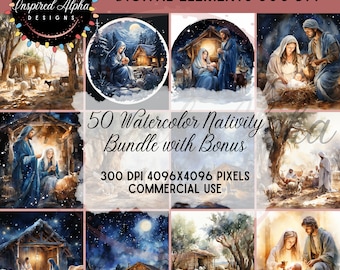 Christmas Nativity Watercolor Clipart Bundle: 50 Unique Designs featuring Mary, Joseph, Jesus, Angels, and Wise Men, Commercial Use