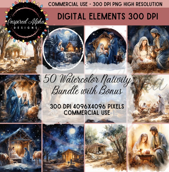 Watercolor Nativity Clipart Bundle: 50 Unique Designs (Commercial Use)