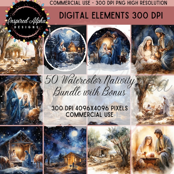 Christmas Nativity Watercolor Clipart Bundle: 50 Unique Designs featuring Mary, Joseph, Jesus, Angels, and Wise Men, Commercial Use