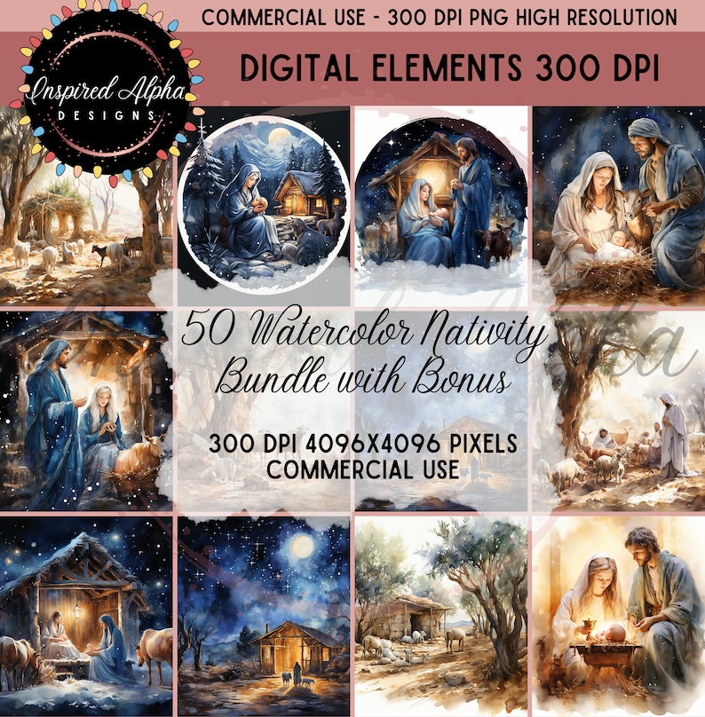May include: A set of 50 watercolor illustrations of the Nativity scene. The illustrations feature various scenes from the Christmas story, including the birth of Jesus, the arrival of the shepherds, and the adoration of the Magi. The illustrations are all in a watercolor style and are perfect for use in digital scrapbooking, card making, and other craft projects. The text on the image reads "50 Watercolor Nativity Bundle with Bonus 300 DPI 4096X4096 PIXELS COMMERCIAL USE".