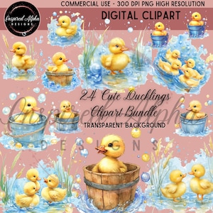 Lot de cliparts canetons aquarelle | 24 designs adorables | Versions transparentes et arrière-plan | Téléchargement instantané et utilisation commerciale