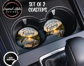 Personalized Fishing Car Coaster Set of 2 - Ceramic or Neoprene, Custom Name Coasters, Fisherman Gift
