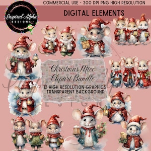 Aquarel clipart bundel van 12 kerstmuizen - PNG-bestanden met hoge resolutie - Instant Download - Commercieel gebruik