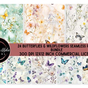 May include: A set of 24 digital seamless paper patterns featuring butterflies and wildflowers in watercolor style. The patterns are 12x12 inches and 300 DPI. They come with a commercial license.