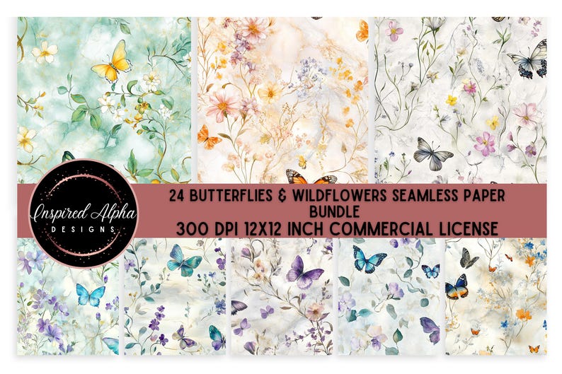 May include: A set of 24 digital seamless paper patterns featuring butterflies and wildflowers in watercolor style. The patterns are 12x12 inches and 300 DPI. They come with a commercial license.
