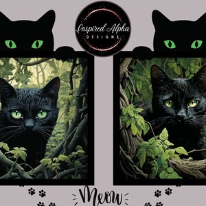 Highly Detailed Black Cat Wall Art set of 2 - Printable Digital Download - Luminous Illustration, Kids Room Décor,  Cat lovers perfect gift