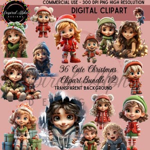 Cute Christmas Elves Clipart Bundle, 36 Adorable Elf Designs, Transparent & Background Versions, 300 DPI, Instant Download, Commercial Use