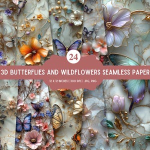 3D Schmetterlinge und Wildblumen Digital Paper Bundle | 24 Nahtlose 12x12 Designs | JPG & PNG | 300 DPI | Sofortdownload | Kommerzielle Nutzung