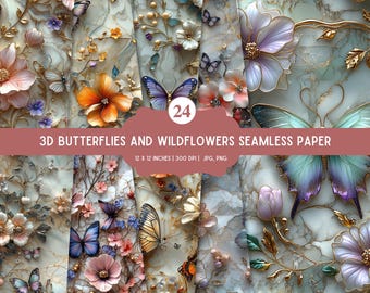 Butterfly Wildflower Digital Paper: 3D Seamless Designs (JPG & PNG)