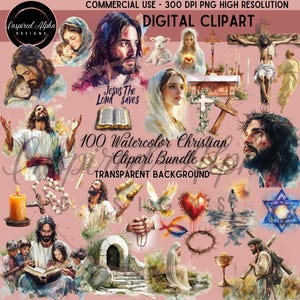 Pacchetto di clipart cristiane ad acquerello, 100 PNG religiosi, Gesù, Vergine Maria, clipart religiose, PNG cristiani, clipart di personaggi della Bibbia