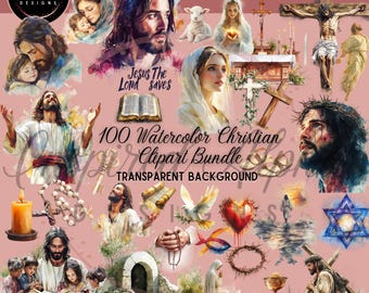 Akvarell kristen clipart-paket: Religiös PNG-grafik (digital nedladdning)