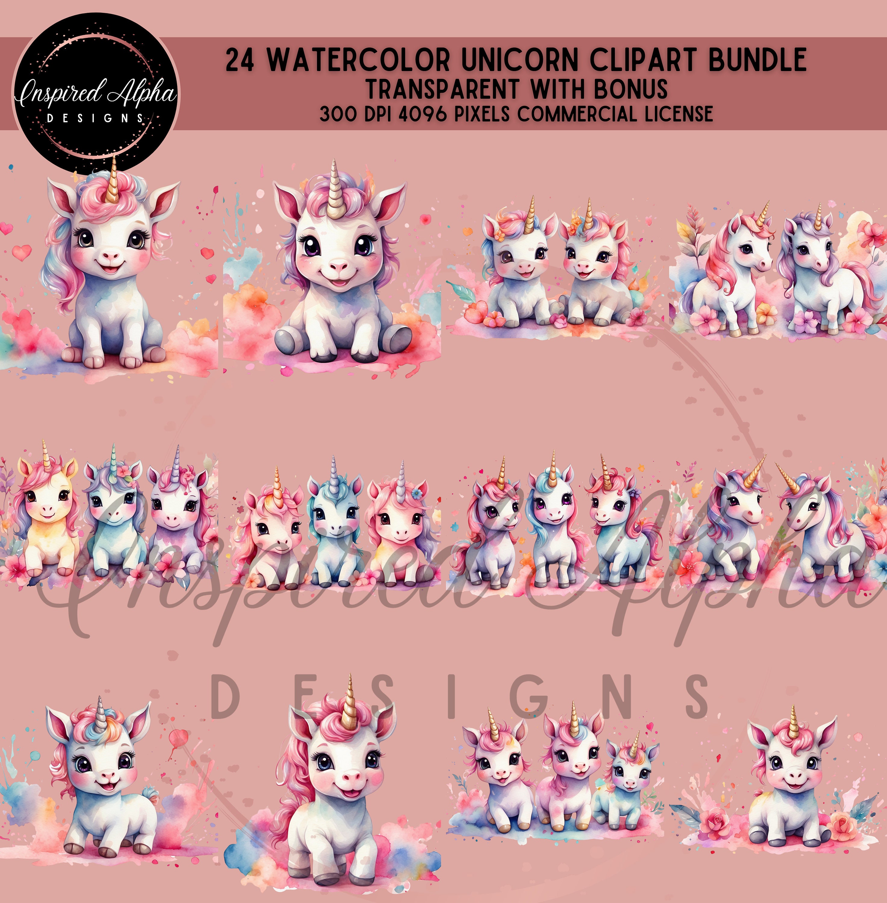 Watercolor Unicorn Clipart Bundle - 24 Designs, Commercial Use, Instant ...
