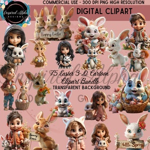 Ostern Clipart Bundle 3D Cartoon - 75 PNGs mit transparentem Hintergrund, kommerzielle Nutzung, Bonus Bundle