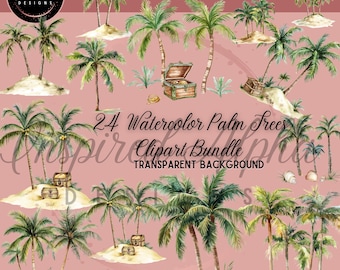 Watercolor Palm Trees Clipart: 24 Tropical Designs (Digital Download)