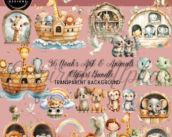 Noah's Ark Watercolor Clipart Bundle: 36 PNG Images (Commercial Use)