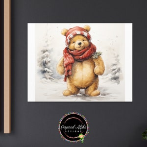 Watercolor Christmas Classic Winnie the Pooh Canvas Prints  | Christmas Decor | Holiday Gift | Childs Room Decor | Elegant Wall Art Decor