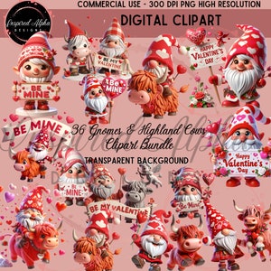 36 Valentine's Gnome and Highland Cows Clipart bundle | Transparent Backgrounds | Commercial Rights | Bonus Bundle | Instant Download
