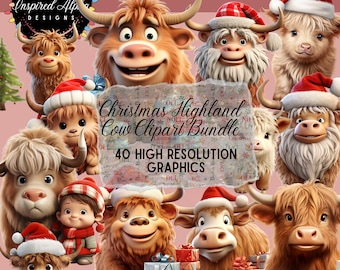 Highland Cow Christmas Clipart Bundle: 40 PNG Graphics (Digital Download)