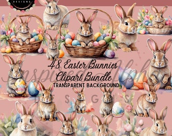 Puede incluir: Un conjunto de 48 imágenes de clipart digital de conejos de Pascua con huevos de colores pastel. Los conejos están en varias poses, algunos sosteniendo huevos, otros sentados en cestas y otros rodeados de flores. El fondo es transparente.