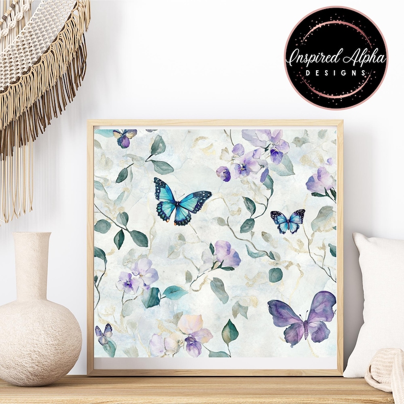 May include: A watercolor print featuring a white background with a floral pattern of purple flowers and green leaves. Blue and purple butterflies are scattered throughout the print.