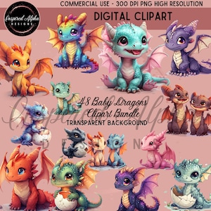 Paquete de imágenes prediseñadas de dragón bebé colorido: 48 diseños de estilo chibi, uso comercial, fondos transparentes de descarga instantánea, paquete adicional
