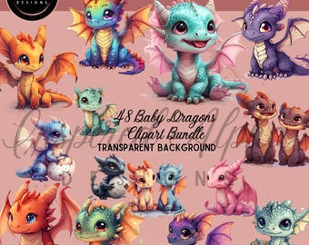 May include: A set of 48 digital clipart images featuring baby dragons in various colors, including orange, blue, green, purple, and pink. The dragons are depicted in different poses, some holding eggs, and all have large, expressive eyes. The images have a transparent background.