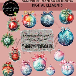 Watercolor Christmas Ornament Clipart Bundle - 24 Unique Designs, High-Resolution PNG, Instant Download, Commercial Use