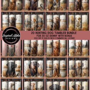 Lot de 20 papiers d'emballage pour verres minces, aquarelles de chiens de chasse, téléchargement PNG avec sublimation de scènes de chasseur, usage commercial, images de haute qualité