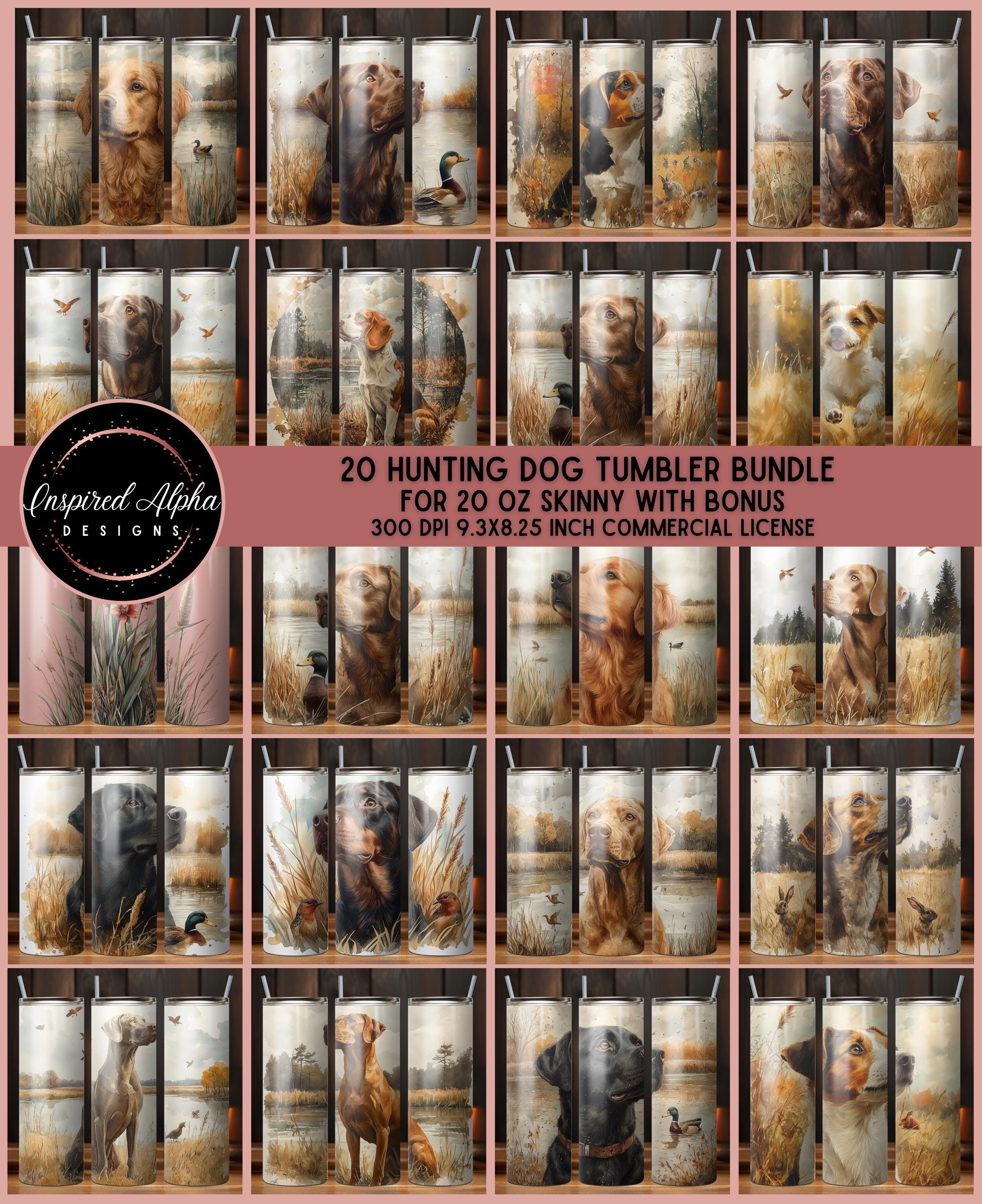20 oz Skinny Tumbler Wrap Bundle of 20 - Watercolor Hunting Dogs, Hunter Scene Sublimation PNG Download, Commercial Use, High-Quality Images
