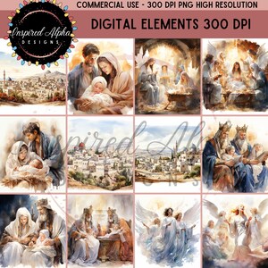 May include: A set of 12 digital illustrations depicting the Nativity story. The illustrations feature a watercolor style and include scenes of the birth of Jesus, the wise men, and angels.