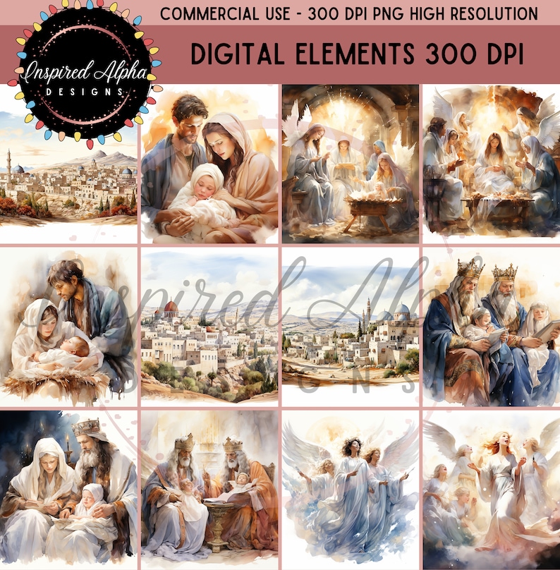 May include: A set of 12 digital illustrations depicting the Nativity story. The illustrations feature a watercolor style and include scenes of the birth of Jesus, the wise men, and angels.