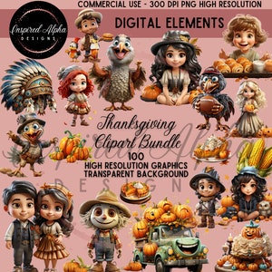 Thanksgiving Clipart Bundle,  100 PNG&#39;s - Turkeys, Pumpkins, Pilgrims & More, Transparent PNG, Perfect for Crafts, Sublimation, Card Making