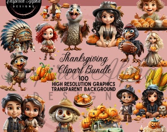 May include: A Thanksgiving clipart bundle with 100 high resolution graphics. The graphics include a variety of Thanksgiving-themed images, such as turkeys, pumpkins, pilgrims, and cornucopias. The graphics are all on a transparent background, making them easy to use in your digital projects.